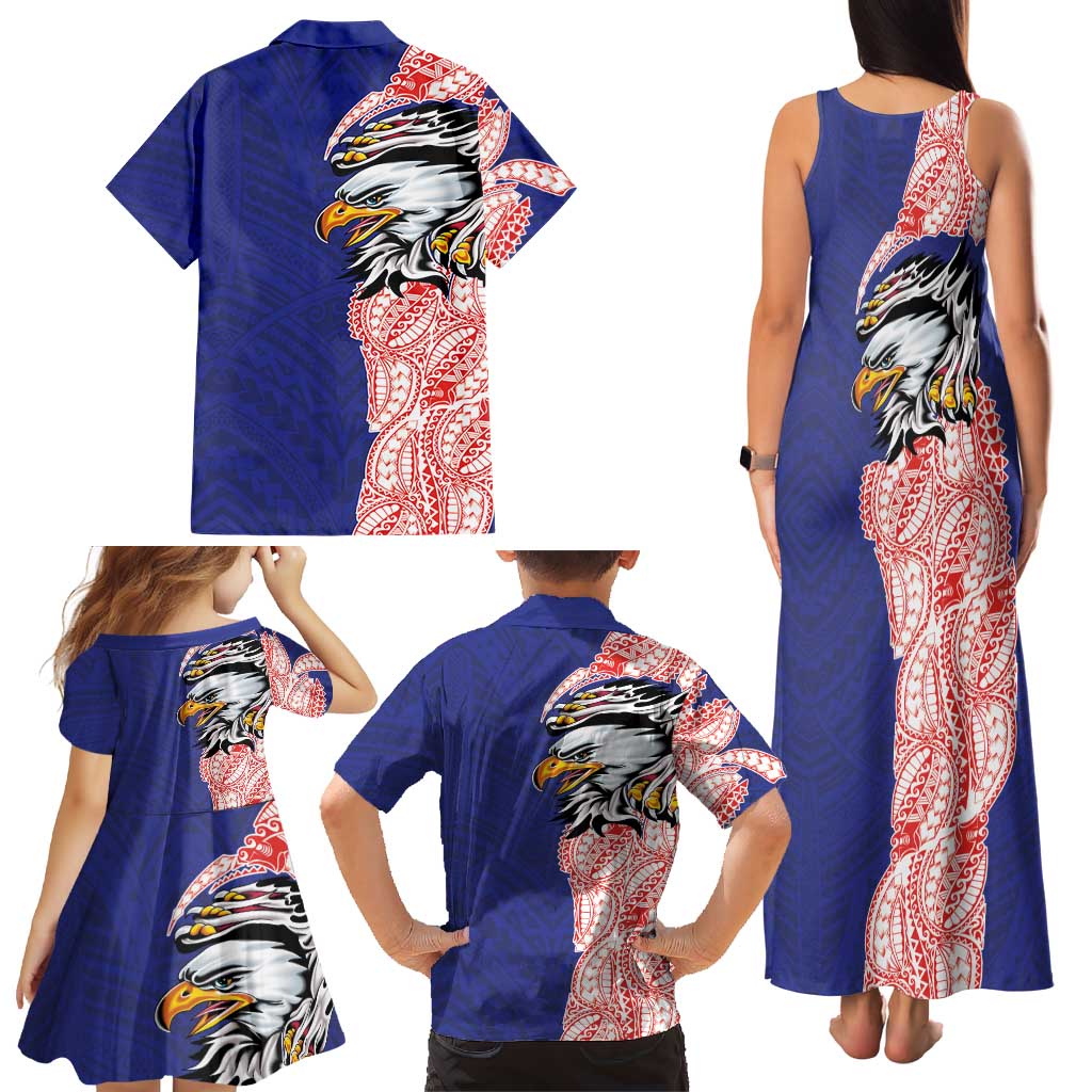 American Samoa Flag Day Family Matching Tank Maxi Dress and Hawaiian Shirt Tribal Tattoo with Eagle Blue-Red LT03 - Polynesian Pride