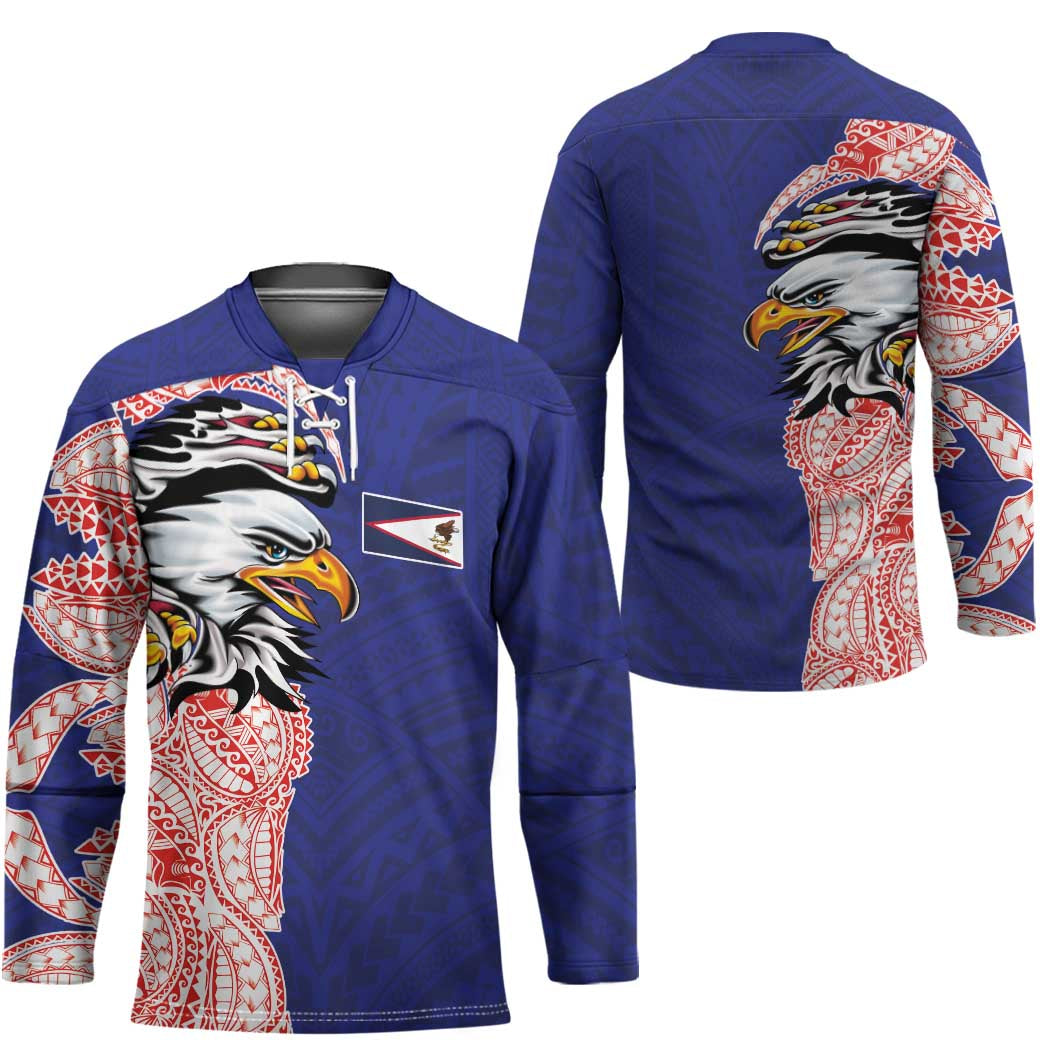 American Samoa Flag Day Hockey Jersey Tribal Tattoo with Eagle Blue-Red