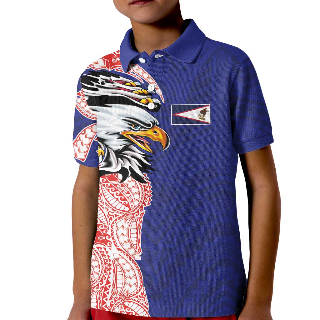 American Samoa Flag Day Kid Polo Shirt Tribal Tattoo with Eagle Blue-Red