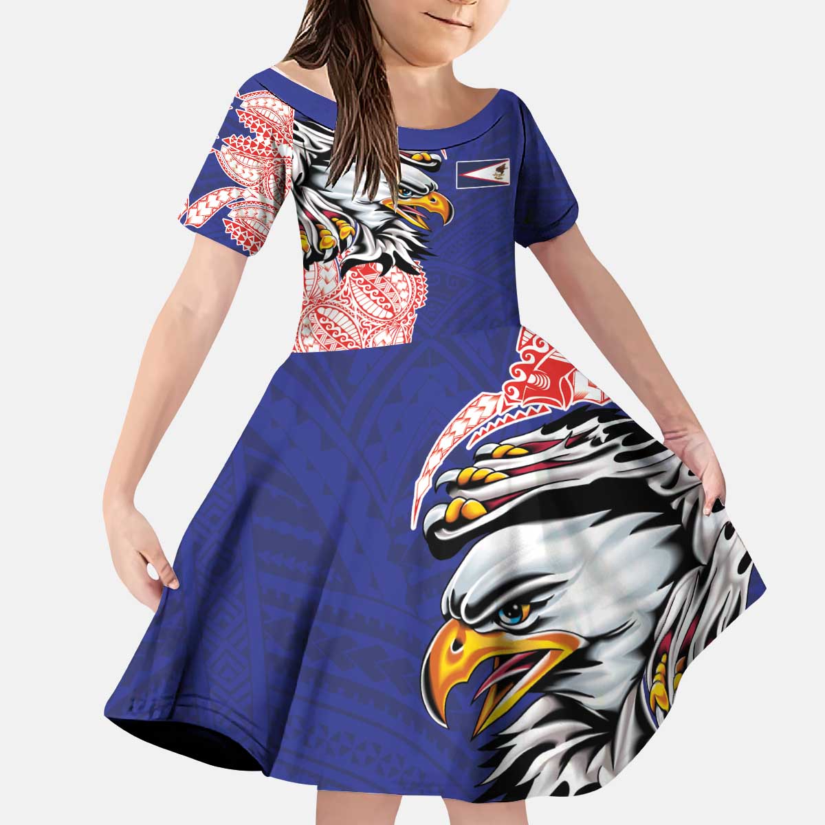 American Samoa Flag Day Kid Short Sleeve Dress Tribal Tattoo with Eagle Blue-Red