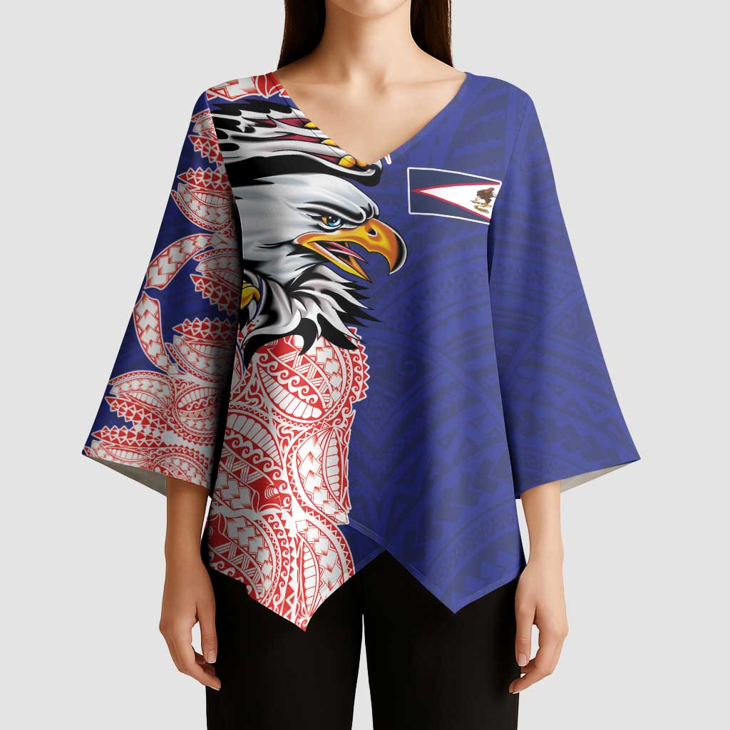 American Samoa Flag Day Kimono Sleeve Blouse Tribal Tattoo with Eagle Blue-Red