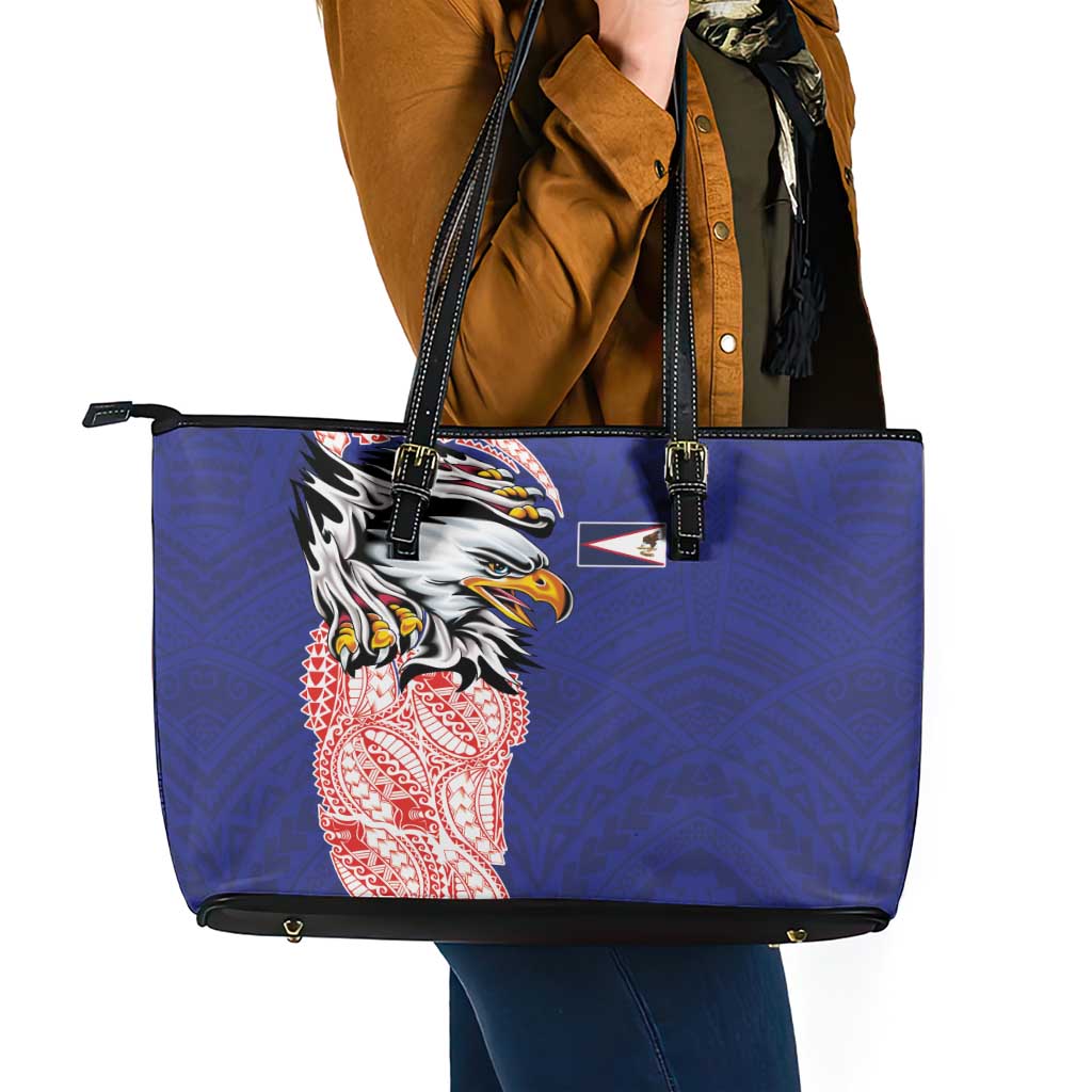 American Samoa Flag Day Leather Tote Bag Tribal Tattoo with Eagle Blue-Red