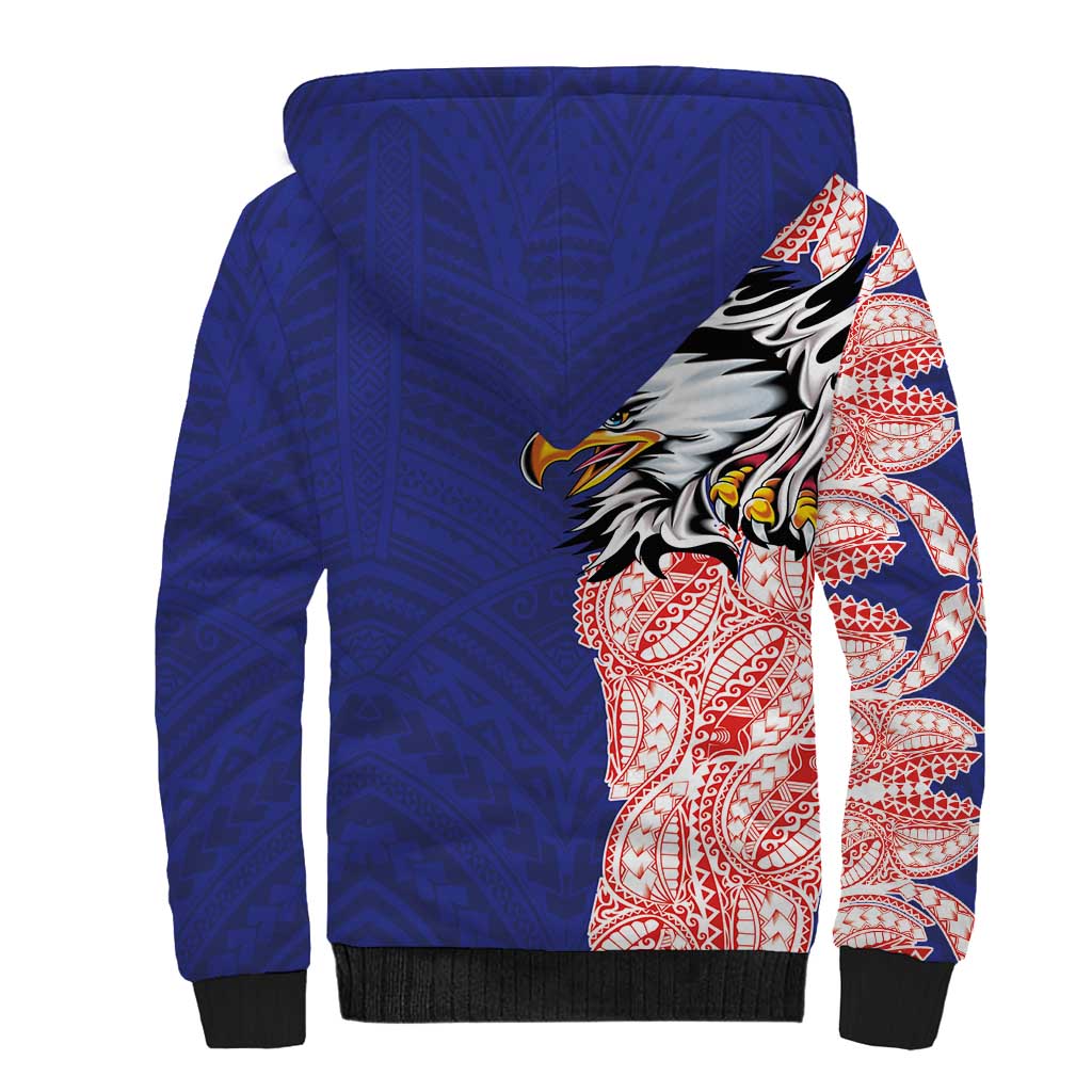 American Samoa Flag Day Sherpa Hoodie Tribal Tattoo with Eagle Blue-Red LT03 - Polynesian Pride