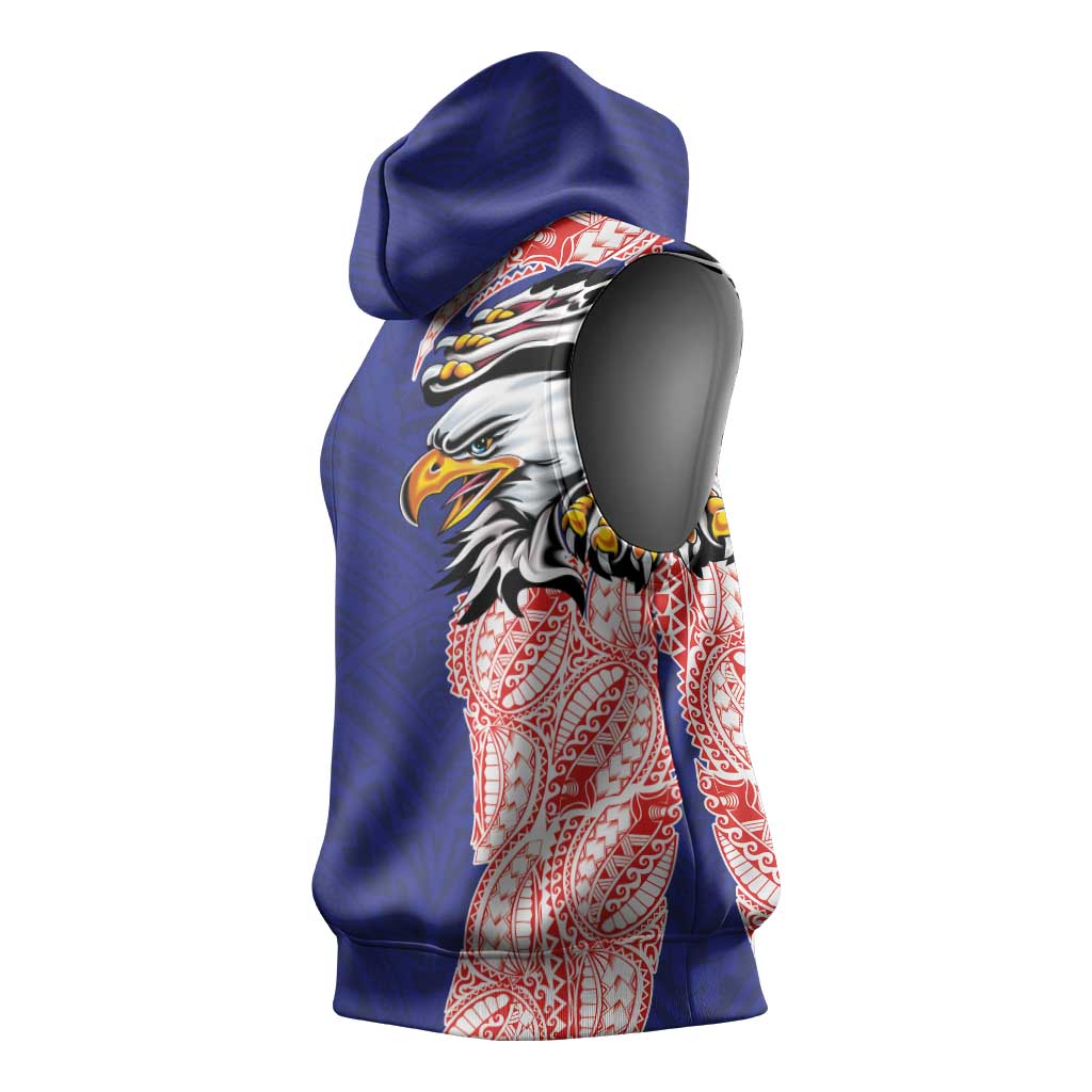 American Samoa Flag Day Sleeveless Hoodie Tribal Tattoo with Eagle Blue-Red
