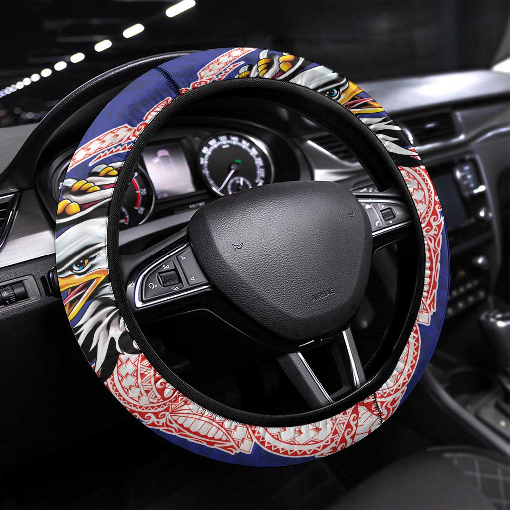 American Samoa Flag Day Steering Wheel Cover Tribal Tattoo with Eagle Blue-Red