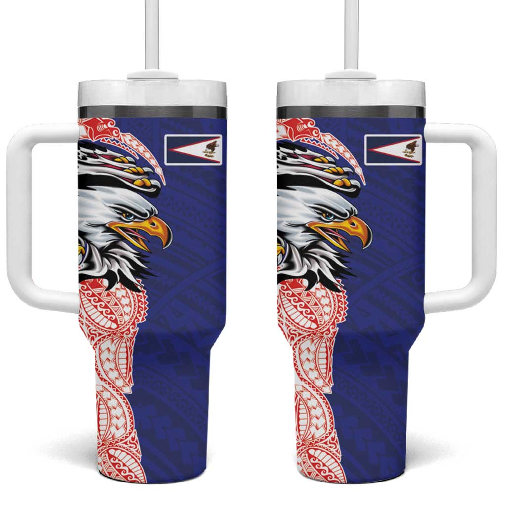 American Samoa Flag Day Tumbler With Handle Tribal Tattoo with Eagle Blue-Red