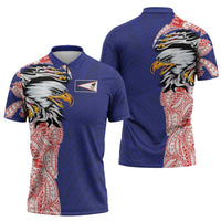 American Samoa Flag Day Zipper Polo Shirt Tribal Tattoo with Eagle Blue-Red