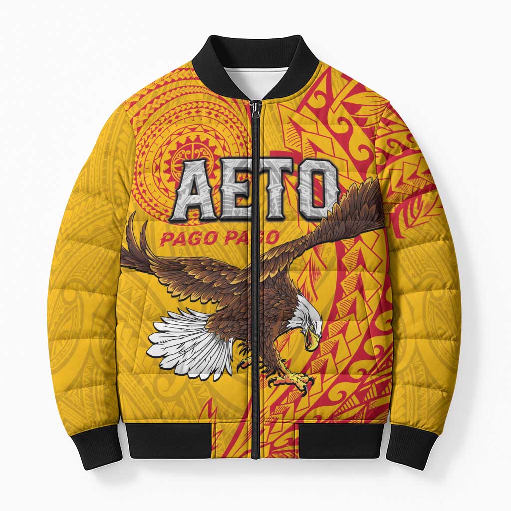 Personalised American Samoa Flag Day Bomber Puffer Jacket Fautasi Race Pago Pago-Aeto Eagle Wings Tribal Style