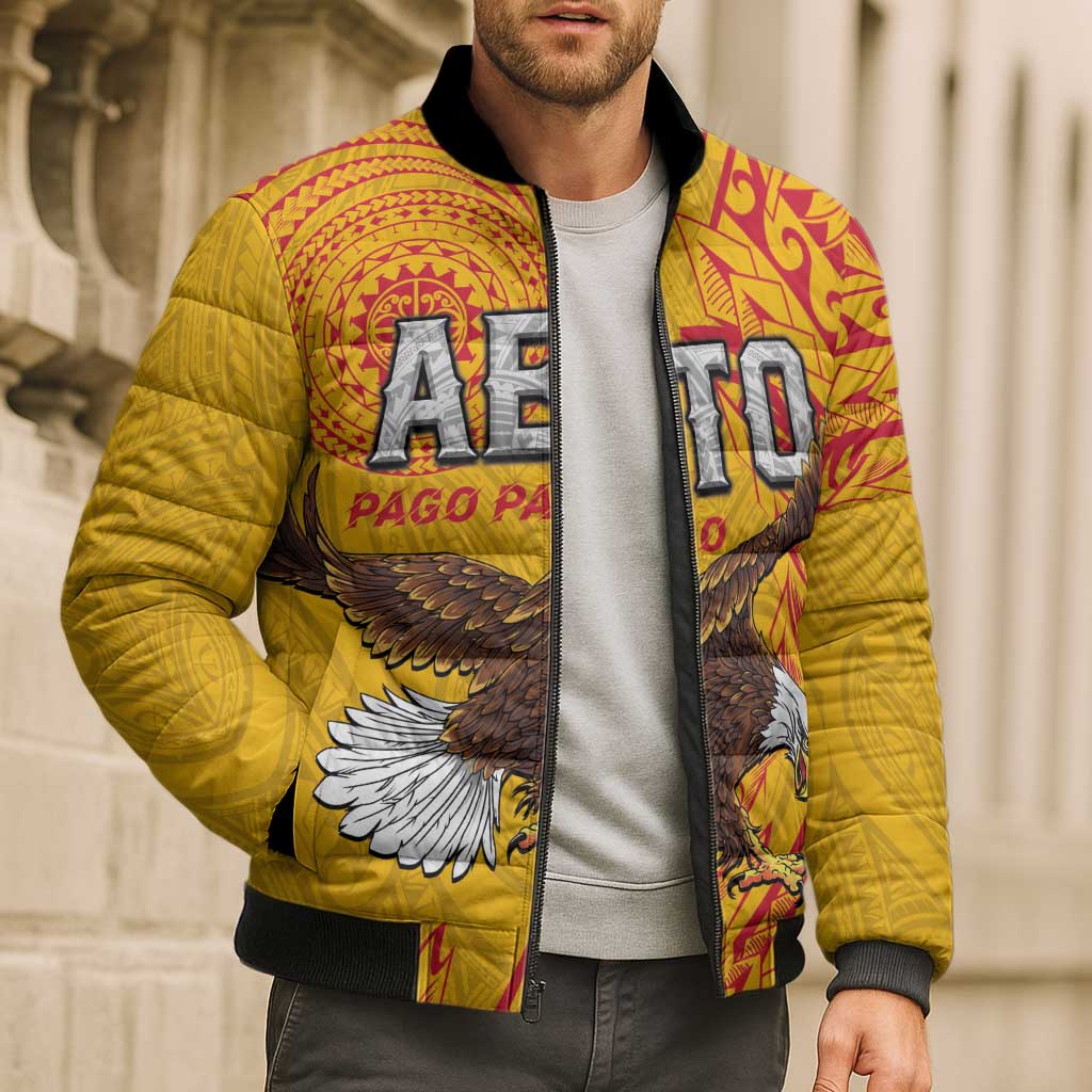 Personalised American Samoa Flag Day Bomber Puffer Jacket Fautasi Race Pago Pago-Aeto Eagle Wings Tribal Style
