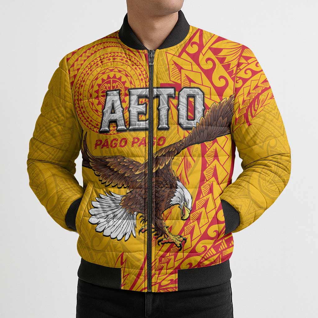 Personalised American Samoa Flag Day Bomber Puffer Jacket Fautasi Race Pago Pago-Aeto Eagle Wings Tribal Style