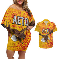 Personalised American Samoa Flag Day Couples Matching Off Shoulder Short Dress and Hawaiian Shirt Fautasi Race Pago Pago-Aeto Eagle Wings Tribal Style LT03 Multicolor - Polynesian Pride