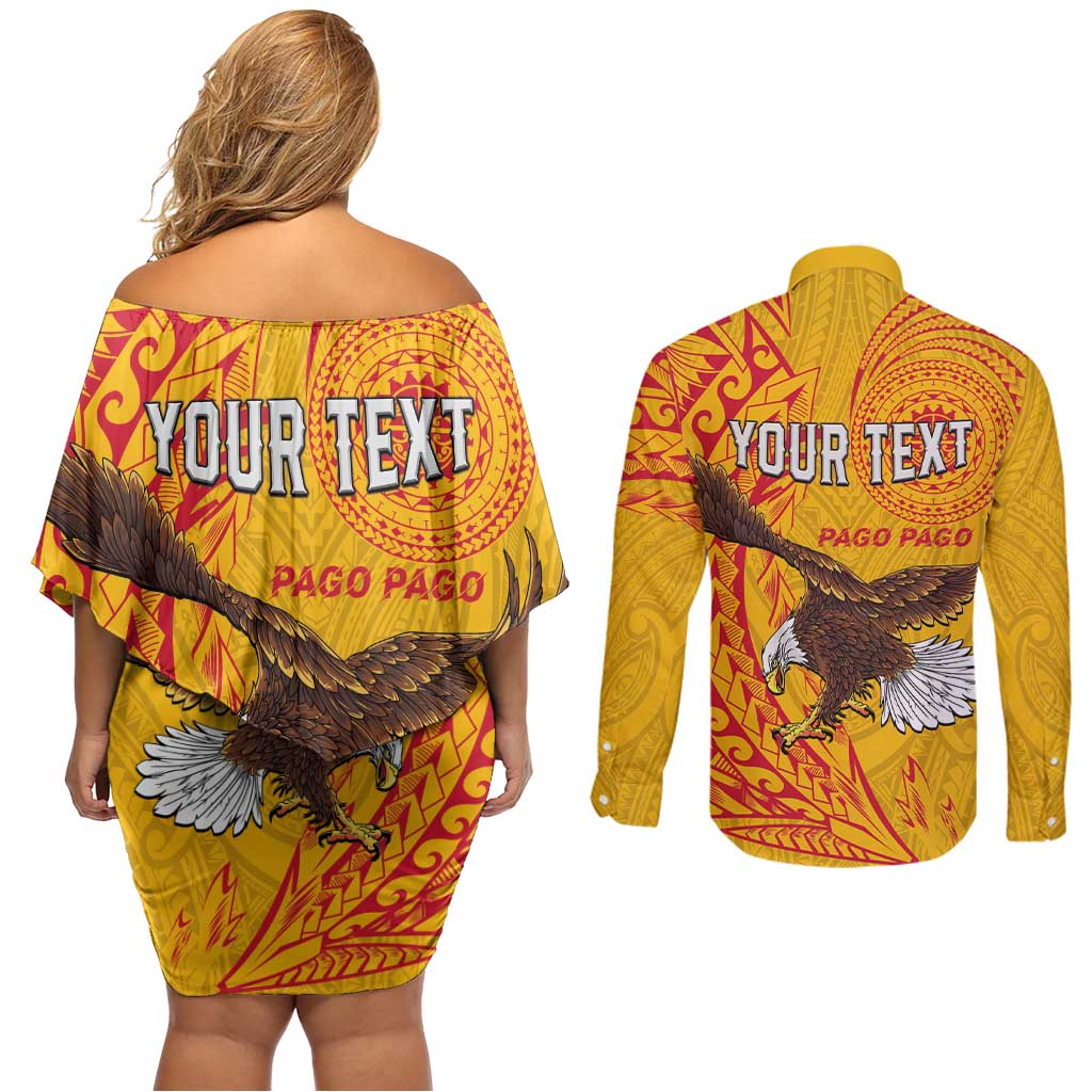 Personalised American Samoa Flag Day Couples Matching Off Shoulder Short Dress and Long Sleeve Button Shirt Fautasi Race Pago Pago-Aeto Eagle Wings Tribal Style LT03 - Polynesian Pride