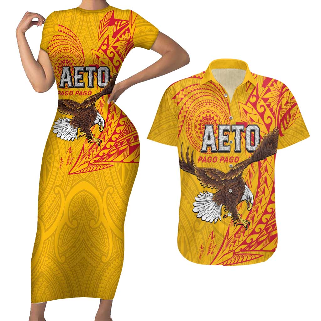 Personalised American Samoa Flag Day Couples Matching Short Sleeve Bodycon Dress and Hawaiian Shirt Fautasi Race Pago Pago-Aeto Eagle Wings Tribal Style LT03 Multicolor - Polynesian Pride