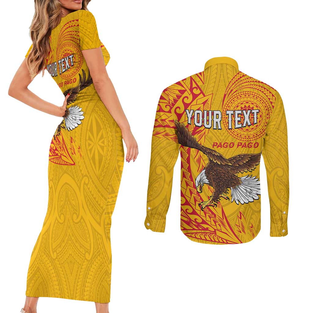 Personalised American Samoa Flag Day Couples Matching Short Sleeve Bodycon Dress and Long Sleeve Button Shirt Fautasi Race Pago Pago-Aeto Eagle Wings Tribal Style LT03 - Polynesian Pride