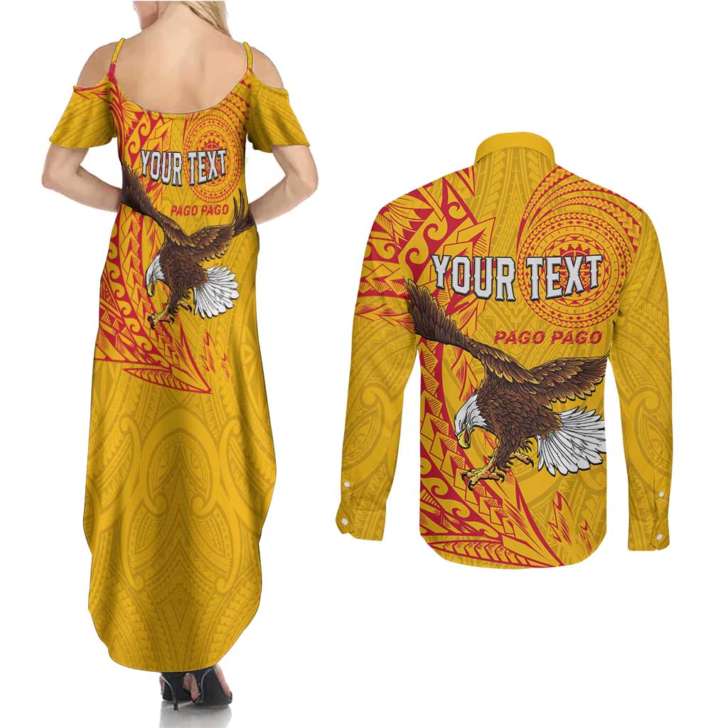 Personalised American Samoa Flag Day Couples Matching Summer Maxi Dress and Long Sleeve Button Shirt Fautasi Race Pago Pago-Aeto Eagle Wings Tribal Style LT03 - Polynesian Pride