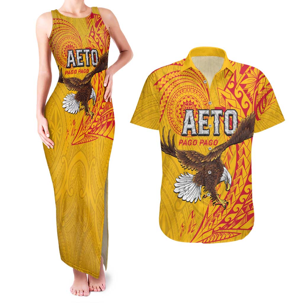 Personalised American Samoa Flag Day Couples Matching Tank Maxi Dress and Hawaiian Shirt Fautasi Race Pago Pago-Aeto Eagle Wings Tribal Style