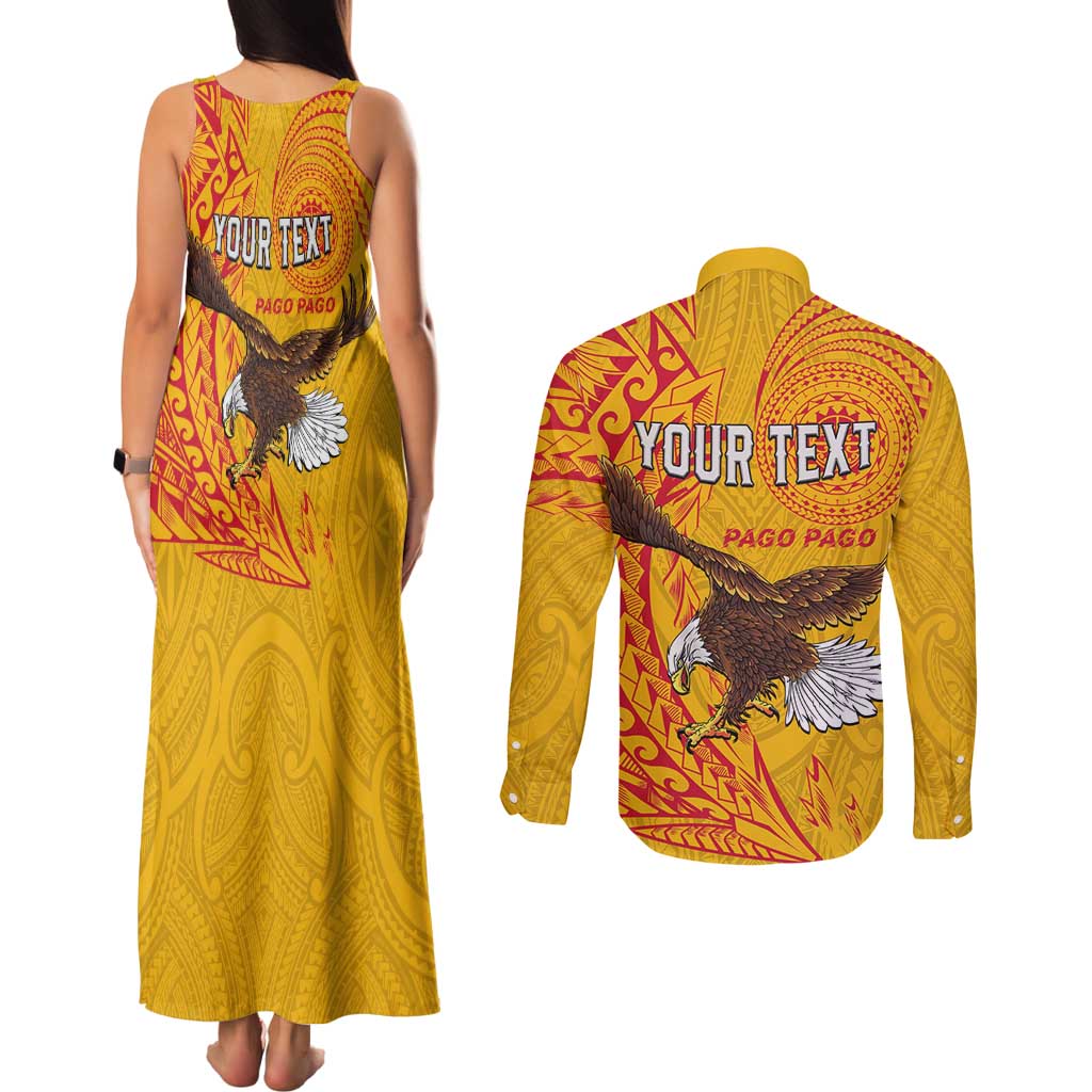 Personalised American Samoa Flag Day Couples Matching Tank Maxi Dress and Long Sleeve Button Shirt Fautasi Race Pago Pago-Aeto Eagle Wings Tribal Style LT03 - Polynesian Pride
