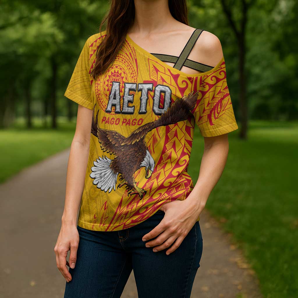 Personalised American Samoa Flag Day Cross Shoulder Shirt Fautasi Race Pago Pago-Aeto Eagle Wings Tribal Style LT03 - Polynesian Pride