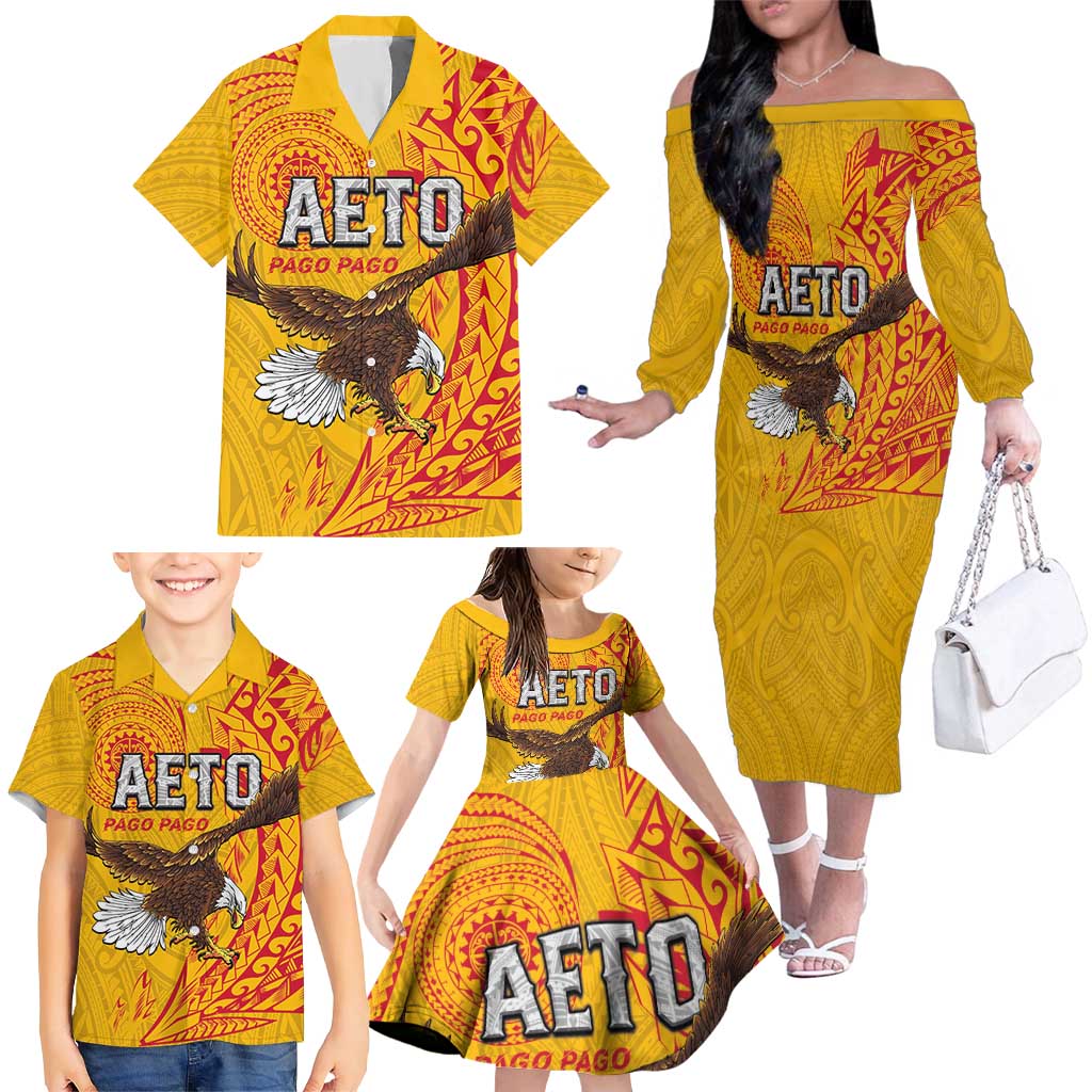 Personalised American Samoa Flag Day Family Matching Off The Shoulder Long Sleeve Dress and Hawaiian Shirt Fautasi Race Pago Pago-Aeto Eagle Wings Tribal Style LT03 - Polynesian Pride
