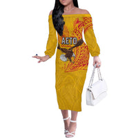 Personalised American Samoa Flag Day Family Matching Off The Shoulder Long Sleeve Dress and Hawaiian Shirt Fautasi Race Pago Pago-Aeto Eagle Wings Tribal Style LT03 Mom's Dress Multicolor - Polynesian Pride
