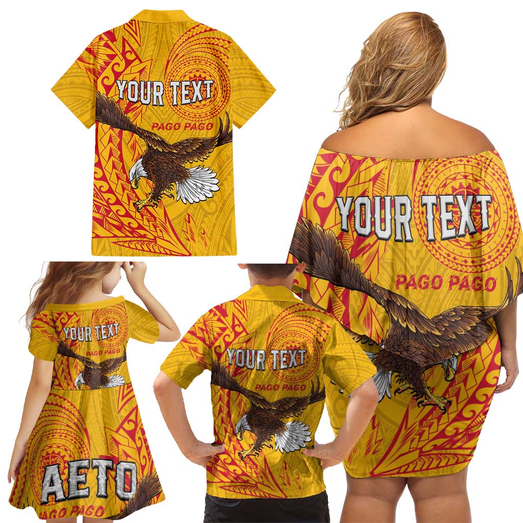 Personalised American Samoa Flag Day Family Matching Off Shoulder Short Dress and Hawaiian Shirt Fautasi Race Pago Pago-Aeto Eagle Wings Tribal Style LT03 - Polynesian Pride