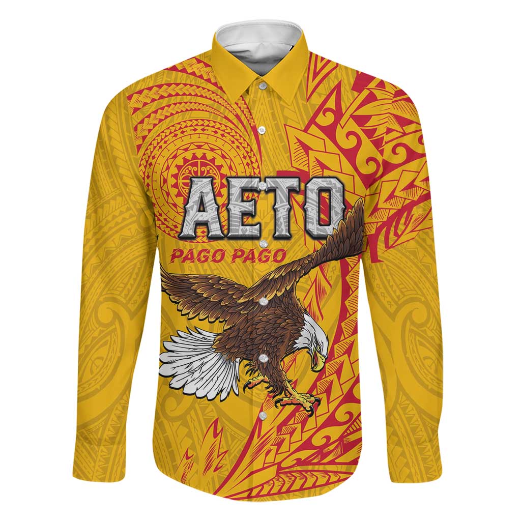 Personalised American Samoa Flag Day Family Matching Off Shoulder Short Dress and Hawaiian Shirt Fautasi Race Pago Pago-Aeto Eagle Wings Tribal Style LT03 Dad's Shirt - Long Sleeve Multicolor - Polynesian Pride