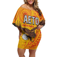 Personalised American Samoa Flag Day Family Matching Off Shoulder Short Dress and Hawaiian Shirt Fautasi Race Pago Pago-Aeto Eagle Wings Tribal Style LT03 Mom's Dress Multicolor - Polynesian Pride