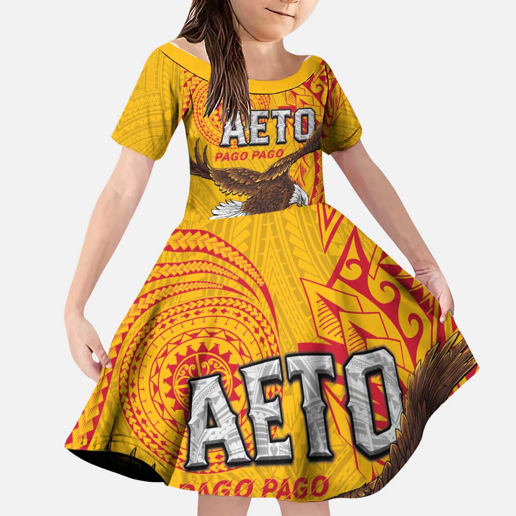 Personalised American Samoa Flag Day Family Matching Puletasi and Hawaiian Shirt Fautasi Race Pago Pago-Aeto Eagle Wings Tribal Style LT03 Daughter's Dress Multicolor - Polynesian Pride