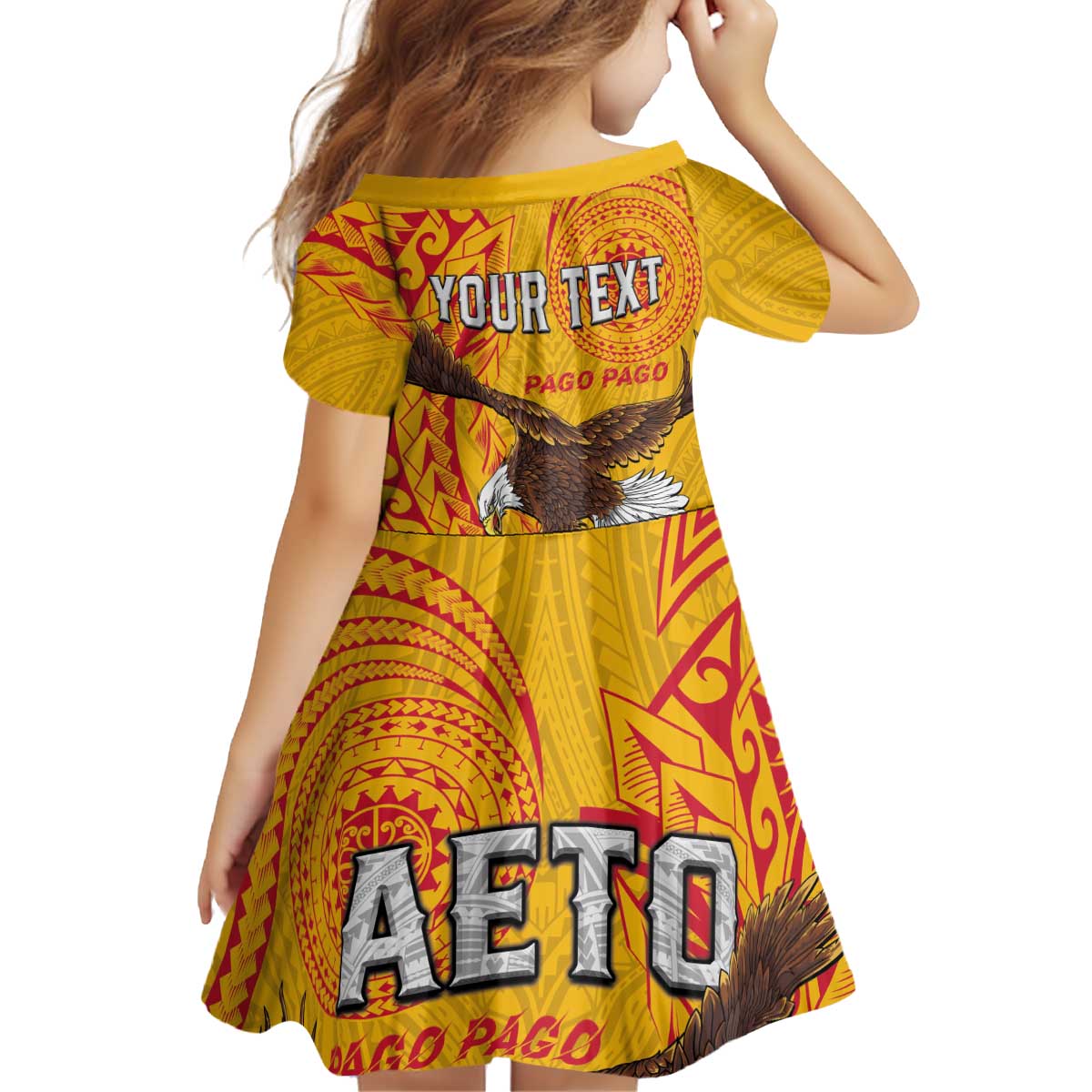 Personalised American Samoa Flag Day Kid Short Sleeve Dress Fautasi Race Pago Pago-Aeto Eagle Wings Tribal Style LT03 - Polynesian Pride