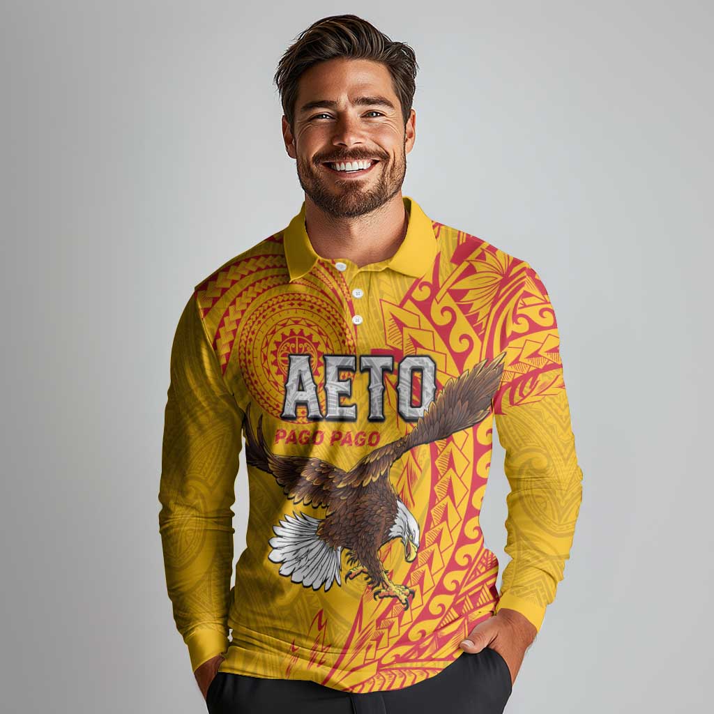 Personalised American Samoa Flag Day Long Sleeve Polo Shirt Fautasi Race Pago Pago-Aeto Eagle Wings Tribal Style LT03 - Polynesian Pride