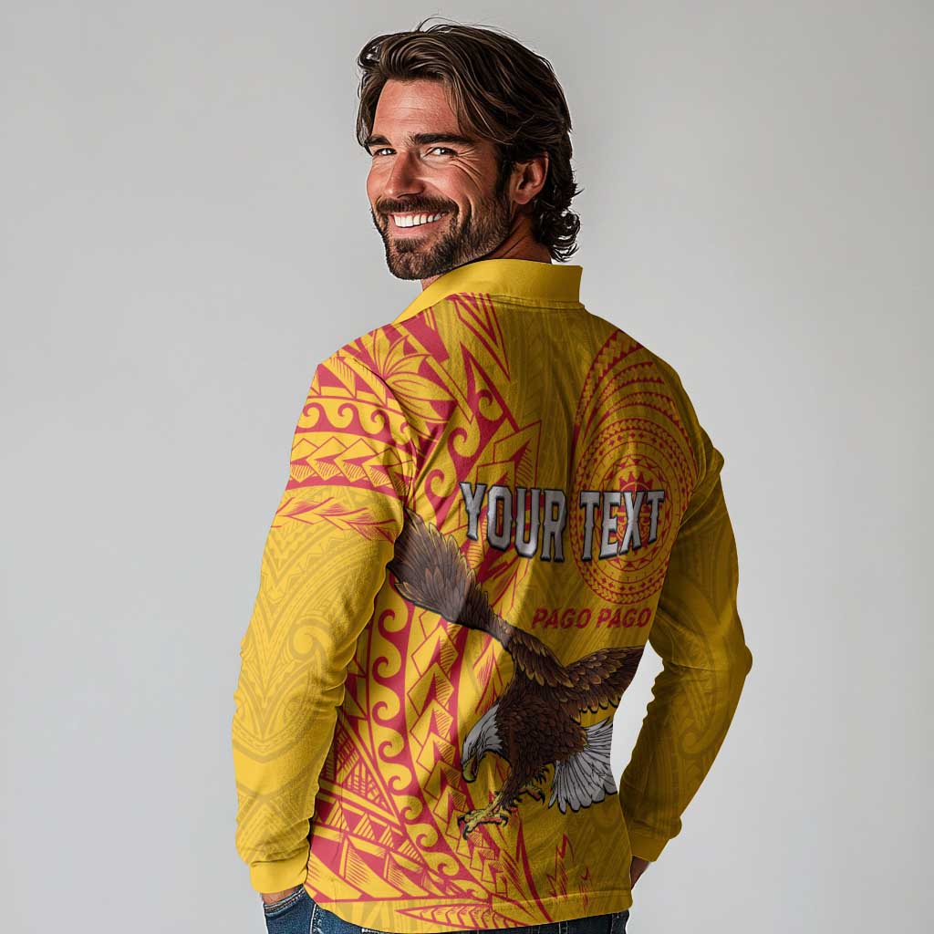 Personalised American Samoa Flag Day Long Sleeve Polo Shirt Fautasi Race Pago Pago-Aeto Eagle Wings Tribal Style LT03 - Polynesian Pride