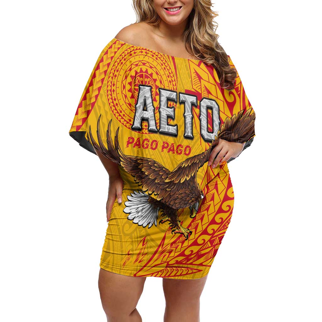 Personalised American Samoa Flag Day Off Shoulder Short Dress Fautasi Race Pago Pago-Aeto Eagle Wings Tribal Style LT03 Women Multicolor - Polynesian Pride