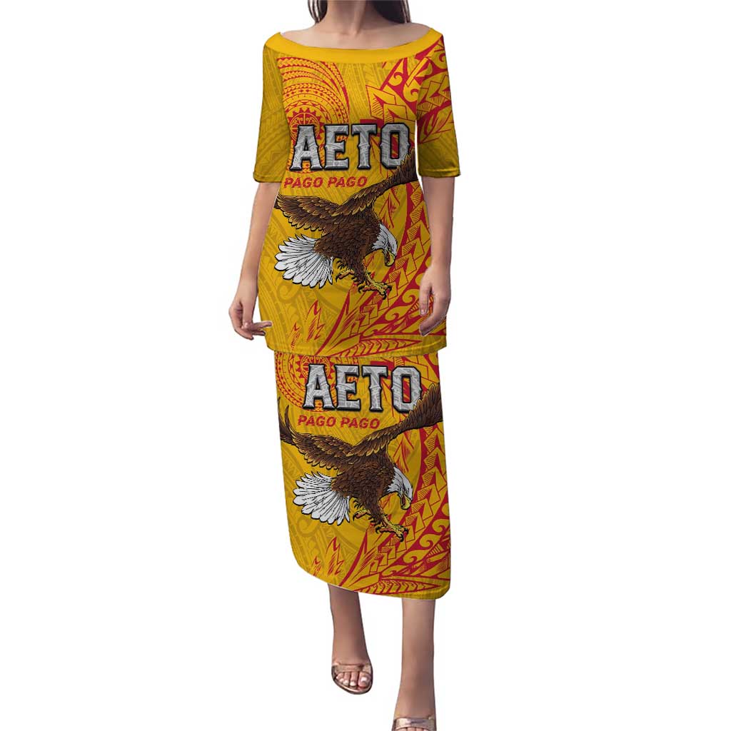 Personalised American Samoa Flag Day Puletasi Fautasi Race Pago Pago-Aeto Eagle Wings Tribal Style LT03 Long Dress Multicolor - Polynesian Pride