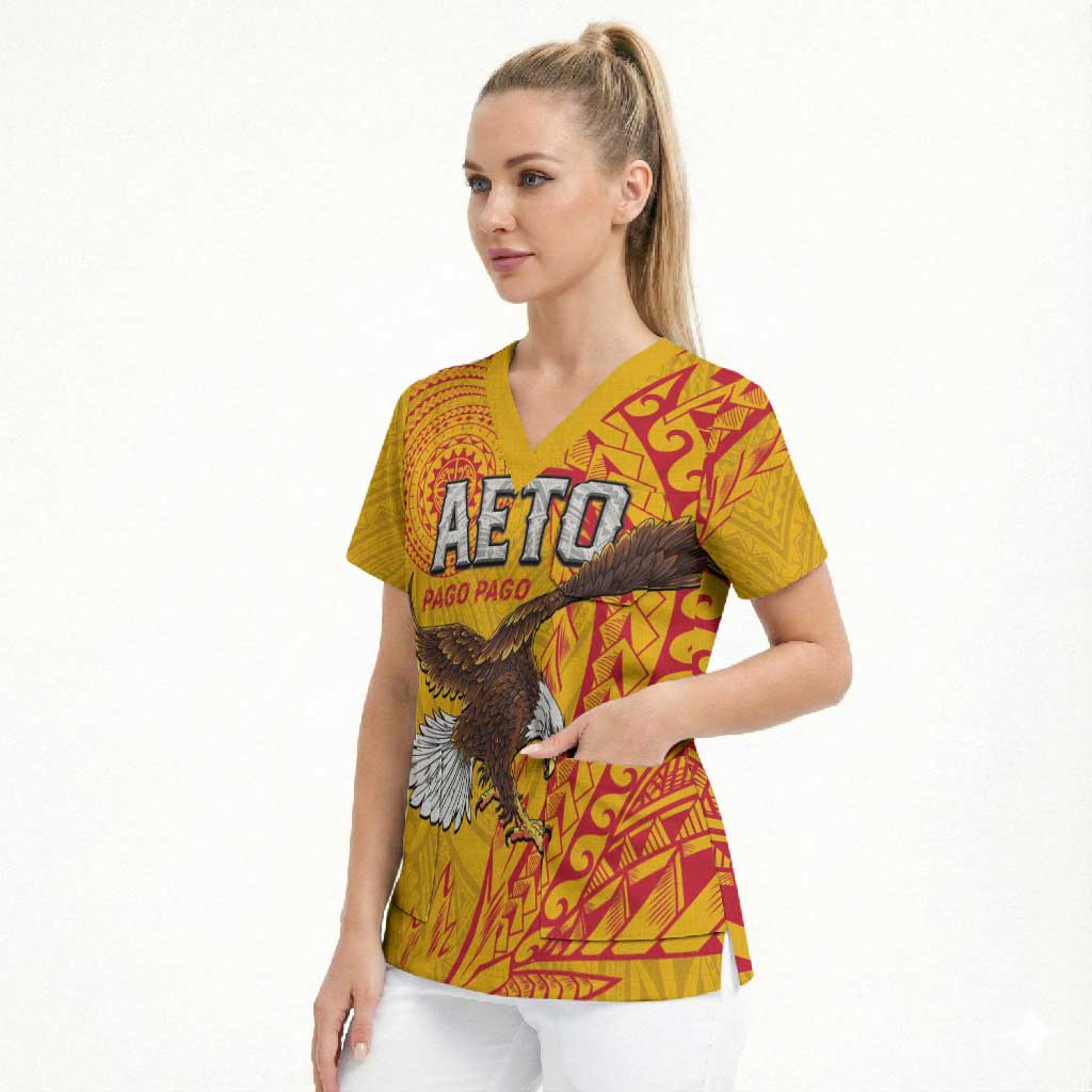 Personalised American Samoa Flag Day Scrub Top Fautasi Race Pago Pago-Aeto Eagle Wings Tribal Style