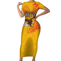 Personalised American Samoa Flag Day Short Sleeve Bodycon Dress Fautasi Race Pago Pago-Aeto Eagle Wings Tribal Style LT03 Long Dress Multicolor - Polynesian Pride