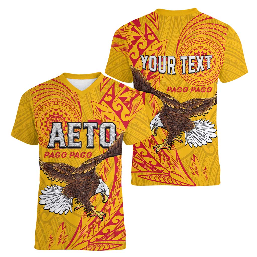 Personalised American Samoa Flag Day Women V-Neck T-Shirt Fautasi Race Pago Pago-Aeto Eagle Wings Tribal Style LT03 - Polynesian Pride
