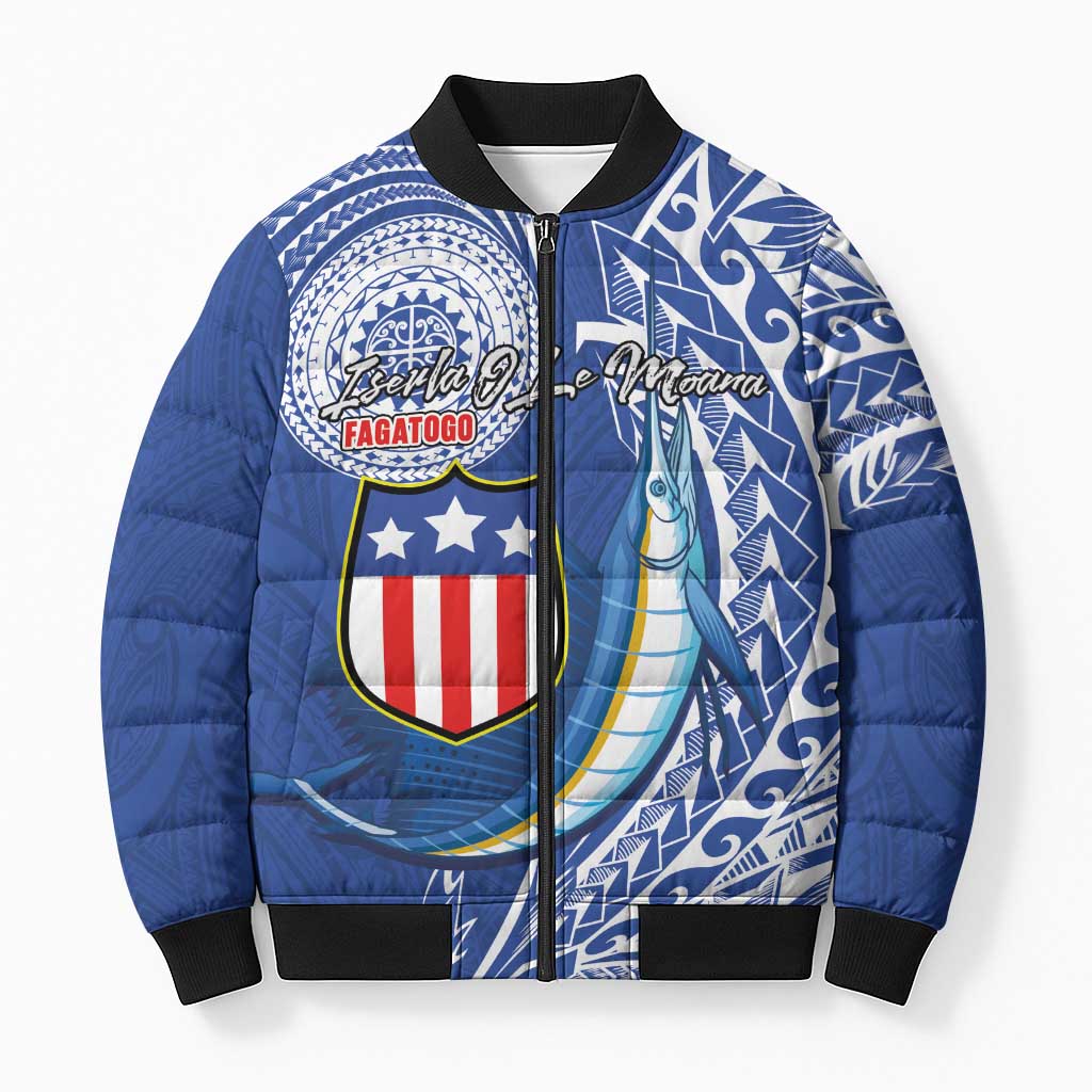 Personalised American Samoa Flag Day Bomber Puffer Jacket Fautasi Race Fagatogo-Iseula O Le Moana Sailfish Tribal Style
