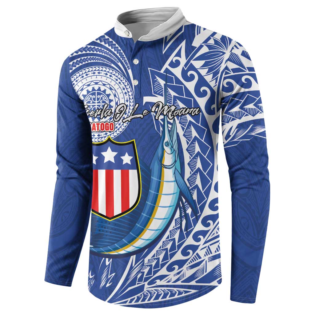 Personalised American Samoa Flag Day Button Sweatshirt Fautasi Race Fagatogo-Iseula O Le Moana Sailfish Tribal Style LT03 - Polynesian Pride