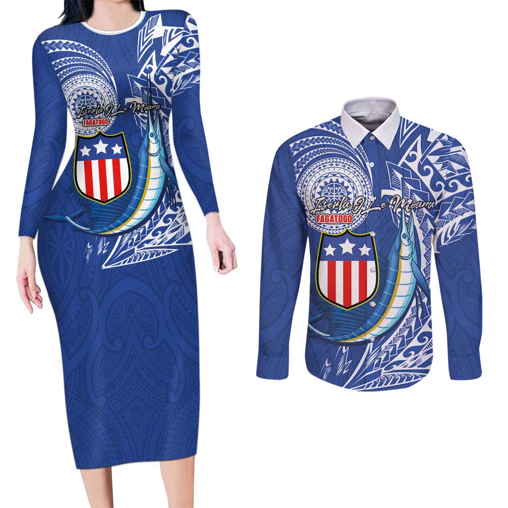 Personalised American Samoa Flag Day Couples Matching Long Sleeve Bodycon Dress and Long Sleeve Button Shirt Fautasi Race Fagatogo-Iseula O Le Moana Sailfish Tribal Style LT03 Multicolor - Polynesian Pride