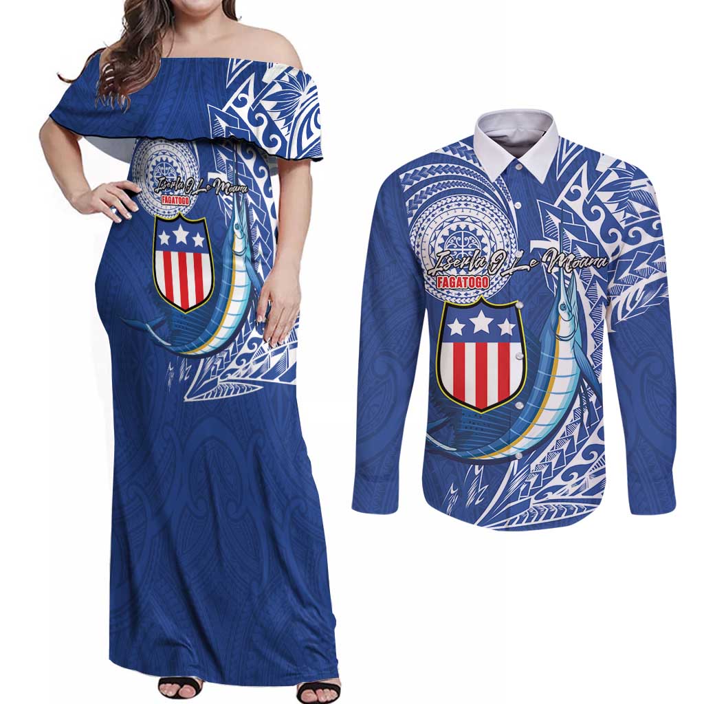 Personalised American Samoa Flag Day Couples Matching Off Shoulder Maxi Dress and Long Sleeve Button Shirt Fautasi Race Fagatogo-Iseula O Le Moana Sailfish Tribal Style LT03 Multicolor - Polynesian Pride