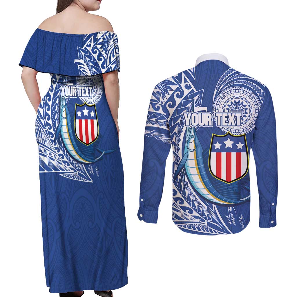 Personalised American Samoa Flag Day Couples Matching Off Shoulder Maxi Dress and Long Sleeve Button Shirt Fautasi Race Fagatogo-Iseula O Le Moana Sailfish Tribal Style LT03 - Polynesian Pride