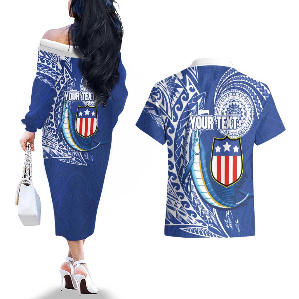 Personalised American Samoa Flag Day Couples Matching Off The Shoulder Long Sleeve Dress and Hawaiian Shirt Fautasi Race Fagatogo-Iseula O Le Moana Sailfish Tribal Style LT03 - Polynesian Pride