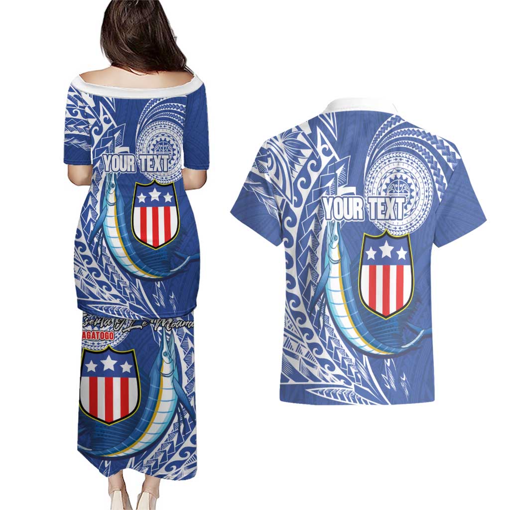 Personalised American Samoa Flag Day Couples Matching Puletasi and Hawaiian Shirt Fautasi Race Fagatogo-Iseula O Le Moana Sailfish Tribal Style LT03 - Polynesian Pride