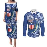 Personalised American Samoa Flag Day Couples Matching Puletasi and Long Sleeve Button Shirt Fautasi Race Fagatogo-Iseula O Le Moana Sailfish Tribal Style LT03 Multicolor - Polynesian Pride