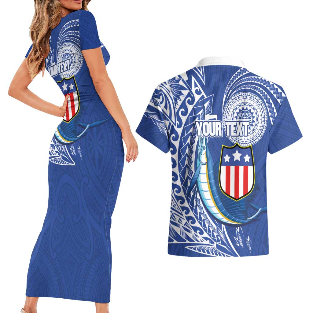 Personalised American Samoa Flag Day Couples Matching Short Sleeve Bodycon Dress and Hawaiian Shirt Fautasi Race Fagatogo-Iseula O Le Moana Sailfish Tribal Style LT03 - Polynesian Pride