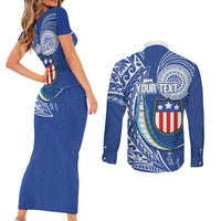 Personalised American Samoa Flag Day Couples Matching Short Sleeve Bodycon Dress and Long Sleeve Button Shirt Fautasi Race Fagatogo-Iseula O Le Moana Sailfish Tribal Style LT03 - Polynesian Pride