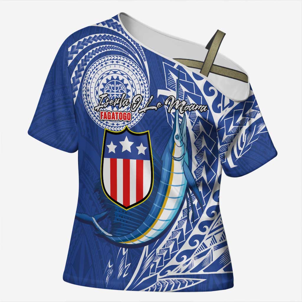 Personalised American Samoa Flag Day Cross Shoulder Shirt Fautasi Race Fagatogo-Iseula O Le Moana Sailfish Tribal Style LT03 Female Multicolor - Polynesian Pride