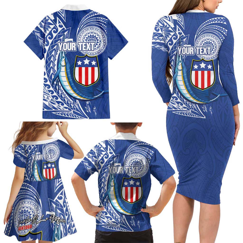 Personalised American Samoa Flag Day Family Matching Long Sleeve Bodycon Dress and Hawaiian Shirt Fautasi Race Fagatogo-Iseula O Le Moana Sailfish Tribal Style LT03 - Polynesian Pride