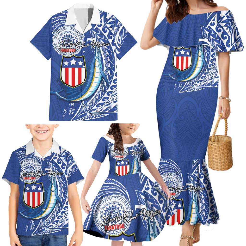 Personalised American Samoa Flag Day Family Matching Mermaid Dress and Hawaiian Shirt Fautasi Race Fagatogo-Iseula O Le Moana Sailfish Tribal Style LT03 - Polynesian Pride