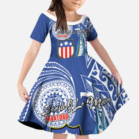 Personalised American Samoa Flag Day Family Matching Off The Shoulder Long Sleeve Dress and Hawaiian Shirt Fautasi Race Fagatogo-Iseula O Le Moana Sailfish Tribal Style LT03 Daughter's Dress Multicolor - Polynesian Pride